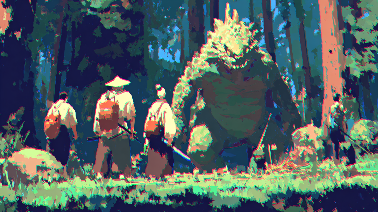 Hikers facing kaiju in the forest