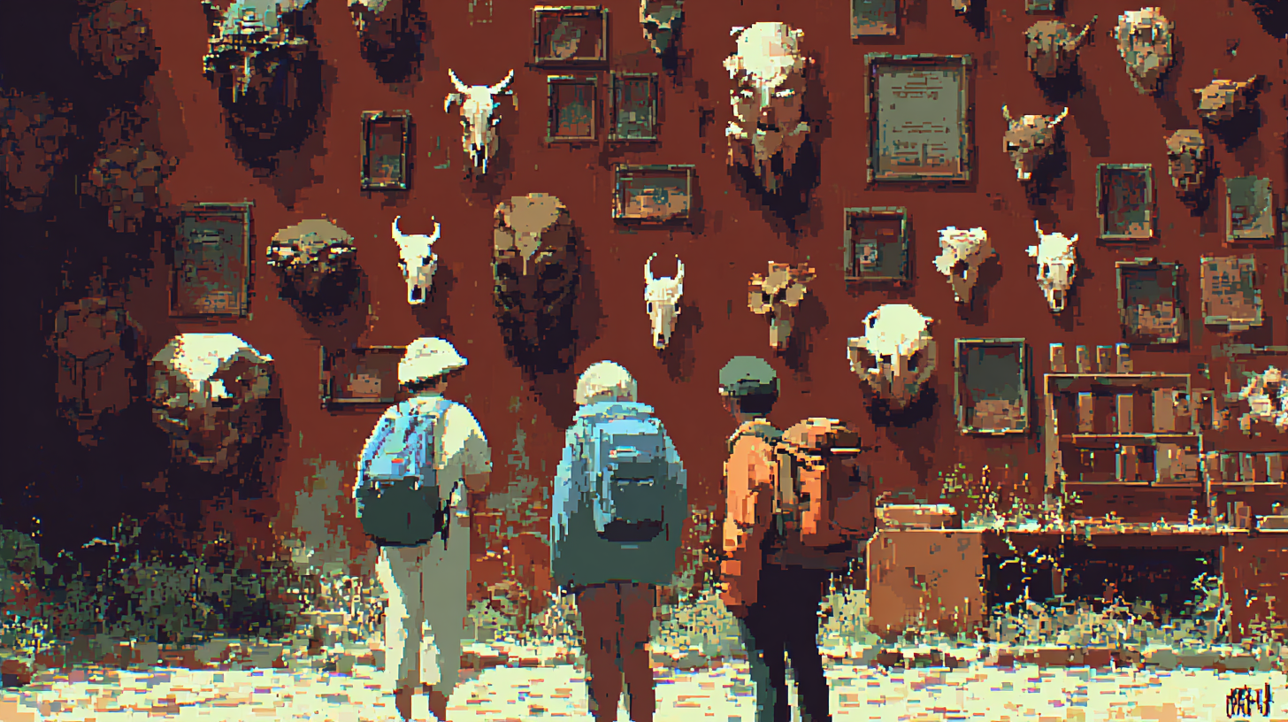 Hikers looking at wall of mounted trophies and skulls
