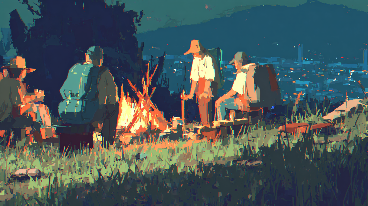 Hikers gathered around campfire