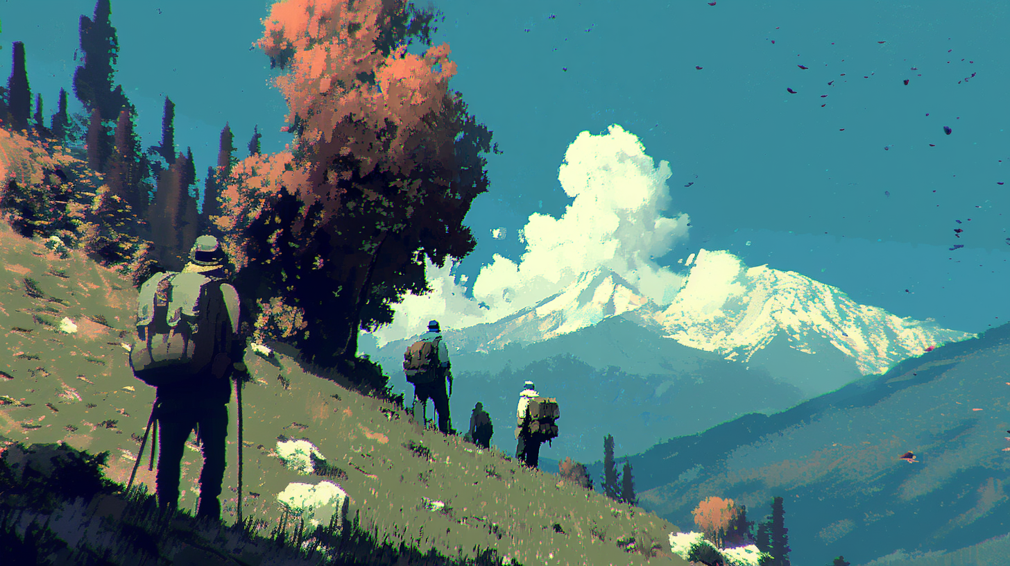 Three hikers walking up a hill towards snowy mountain