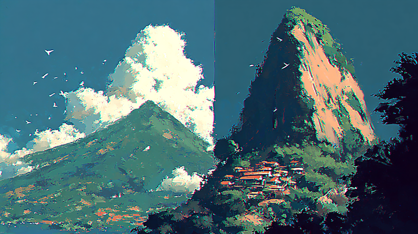 Dramatic dual mountain landscape at dusk